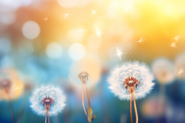 Beautiful dandelion flower with flying feathers on colorful bokeh background, Macro shot of summer nature scene, soft light photography