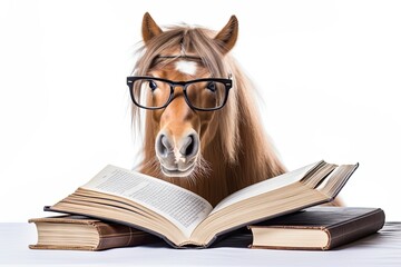 A horse wearing glasses and reading a book created with Generative AI technology - obrazy, fototapety, plakaty
