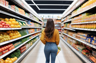 Woman in Knit shirt makes smart purchases in the supermarket
