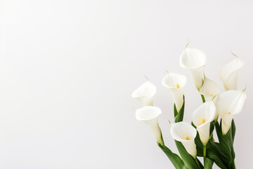 Beautiful calla lily flowers on white background, Space for text, aesthetic look