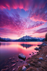 Obraz premium Mountains and ranges, snow covered, reflection of the lake in the evening. Pink-purple sky during special times