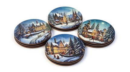 Christmas-themed coasters on White background, HD