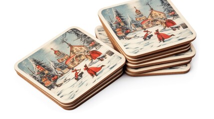 Christmas-themed coasters on White background, HD