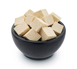 Tofu cheese cubes isolated on white background, full depth of field