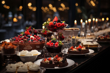 Fototapeta premium mouthwatering photo featuring a buffet of gourmet dishes and desserts, highlighting the culinary delights of the event