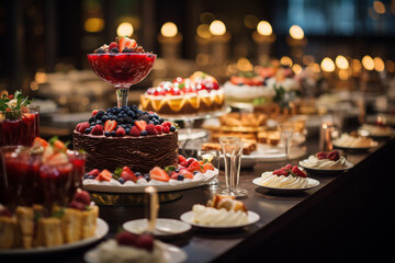 Fototapeta premium mouthwatering photo featuring a buffet of gourmet dishes and desserts, highlighting the culinary delights of the event