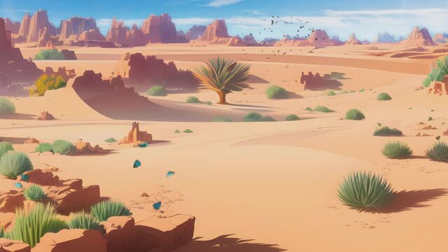 beautiful landscape of arabian desert views. Cartoon or anime illustration style. seamless looping 4K time-lapse virtual video animation background.