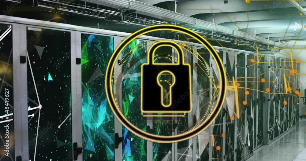 Poster animation of padlock in circles over connected dots and globe in data server racks