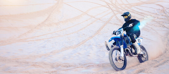 Fitness, desert and athlete on motorbike for action, adrenaline and skill training for challenge,...