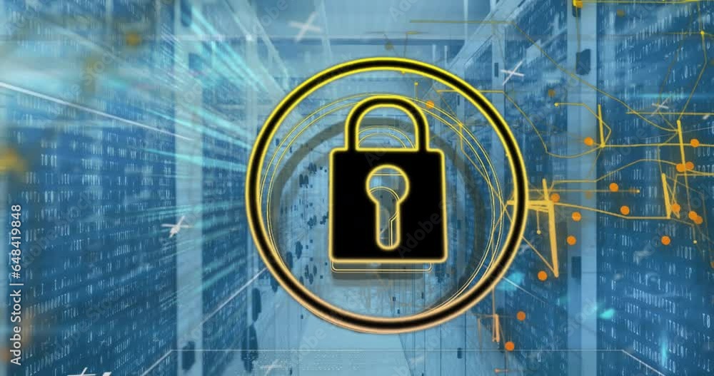 Poster animation of padlock in circle and navigation pattern over binary codes on data server racks