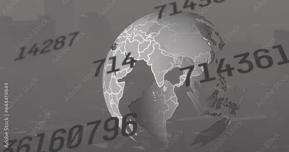 Poster animation of changing numbers and rotating globe over aerial view of modern city against sky