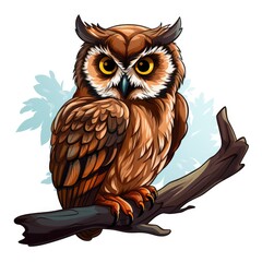 Wise Owl perches on a tree branch in cartoon style isolated on a white background