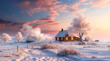 Christmas card idea, old house on the edge of a winter forest, winter fantastic sunset
