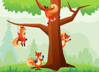 baby squirrels background. squirrels in forest on the tree, cute funny little ginger squirrels in forest nature, wildlife animals. vector cartoon animals background.