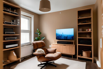 A cozy room with a light brown chair and a TV on a shelf
Created with generative AI