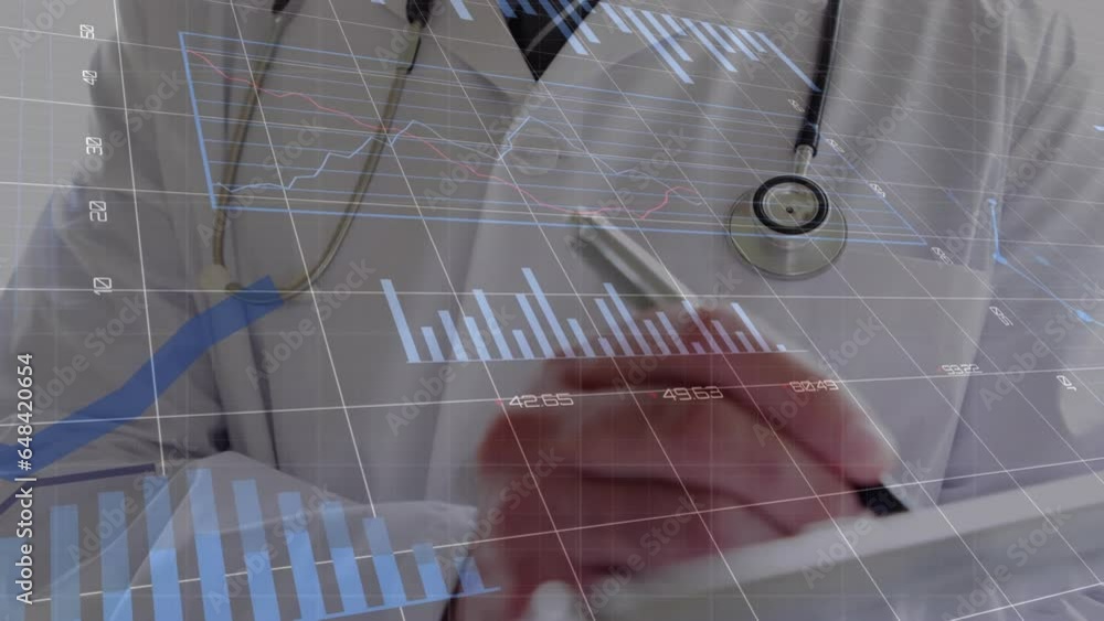 Poster animation of graphs with changing numbers, midsection of caucasian doctor writing in notepad