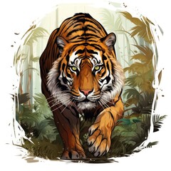 Fierce Tiger prowls through the jungle in cartoon style isolated on a white background
