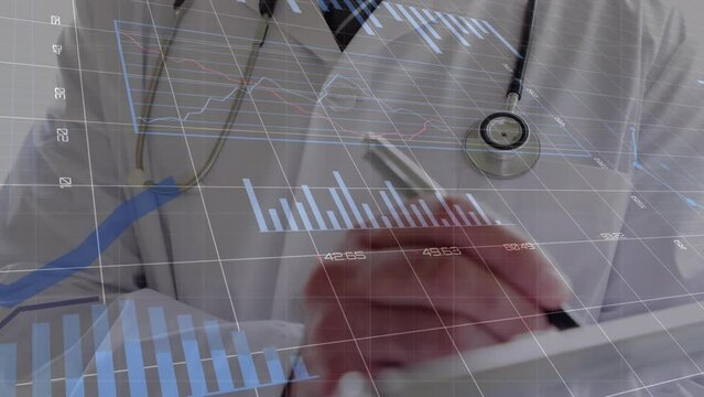 Animation of graphs with changing numbers, midsection of caucasian doctor writing in notepad