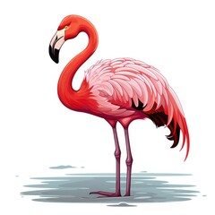 An elegant flamingo stands in a shallow pond in cartoon style isolated on a white background