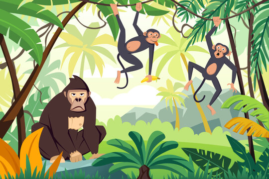 gorilla jungle background. cartoon funny tropical neanderthal exotic primates, funny apes in jungle, brutal and baby charcters. vector cartoon animals background.