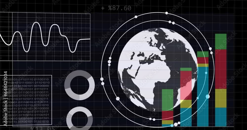 Poster animation of graphs, binary codes and globe in circles over black background