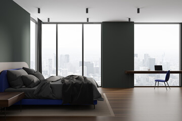 Fototapeta na wymiar Gray bedroom interior with table