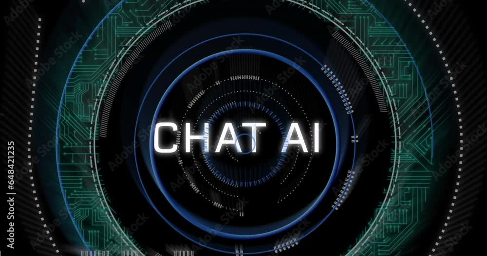 Poster Animation of chat ai text over circuit board pattern in loading circles over black background