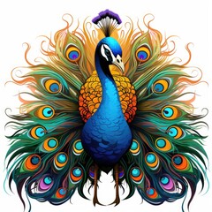 Obraz premium Beautiful Peacock in cartoon style isolated on a white background