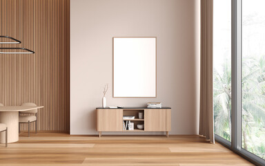 Modern living room interior with sideboard and panoramic window, mockup frame