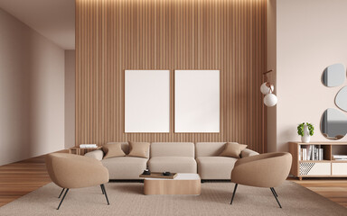 Obraz premium Beige and wooden living room with sofa and posters