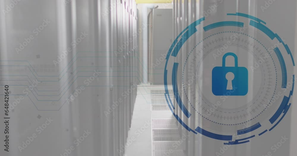 Poster animation of padlock in loading circles over data server room