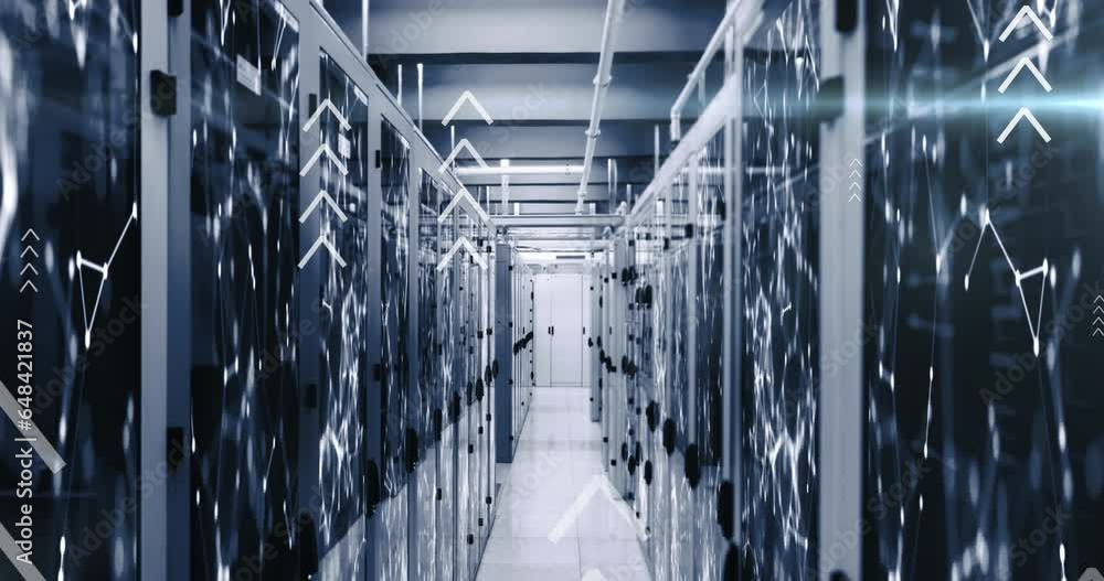Poster Animation of arrows over connected dots on data server racks in server room