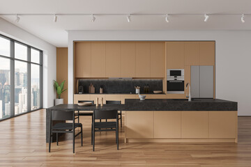 Beige home kitchen interior with bar counter and chairs, cabinet with window
