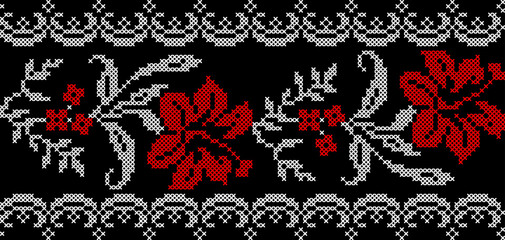 Vector illustration of Ukrainian floral ornament in ethnic style, identity, vyshyvanka, embroidery for print clothes, websites, banners. Background. Geometric design, border, copy space, frame