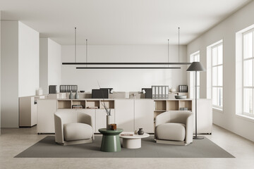 Fototapeta na wymiar Cozy office interior with lounge zone and workspace near panoramic window