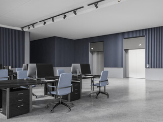 Blue office room interior with pc computers on table, elevators