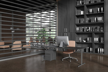Grey office interior with work desk, relax place and meeting room near window