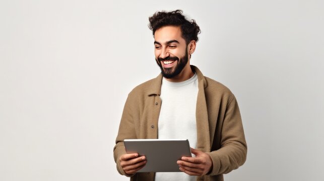 A man working on digital tablet and smiling while standing against white background.
