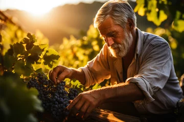 Foto op Plexiglas Man pruning grapevines in sunlit vineyard preserving plant health and optimizing yield  © fotogurmespb