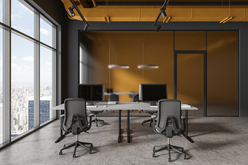 Gray and yellow open space office interior