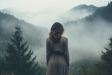 Back view of a sad woman standing alone in a misty morning, Shot in the mountain, soft light photography - obrazy, fototapety, plakaty