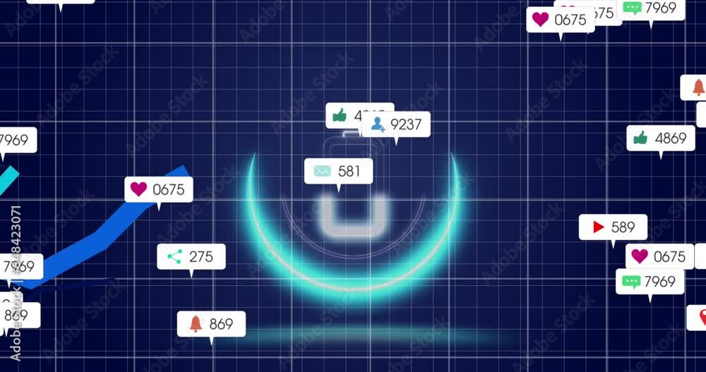 Poster animation of notification bars with graphs and battery icons in circle over black background