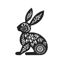 Easter bunny silhouette with floral ornament Black and white vector illustration