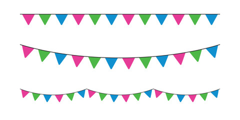 Obraz premium Pink, green, and blue colored party bunting, as the colors of the polysexual flag. LGBTQI concept. Flat design illustration.