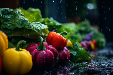 red and green peppers in water, basket filled with an assortment of fresh fruits and vegetables sits on the ground, ready to be prepared for delivery to a local supermarket - Powered by Adobe