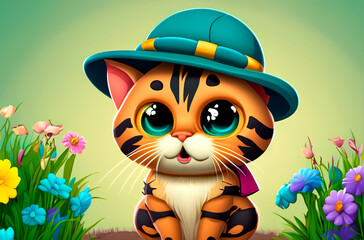 cartoon cat  with hat with flowers on ground