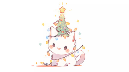 A cute and kawaii white kitten entangled with a Christmas wire lamp. for christmas card, xmas invitation party, kids storybook, children book, wrapping gift, printing artwork and etc 