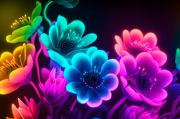 glowing neon flowers with dark background