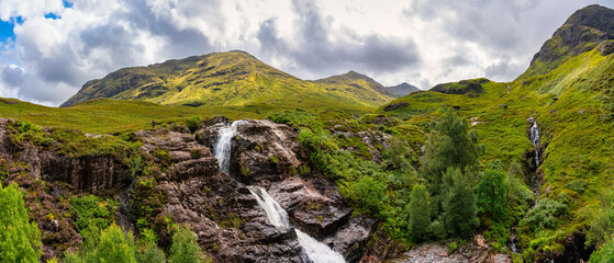 Panorama of the three waterfalls in the spectacular valley of Glencoe, Scotland.