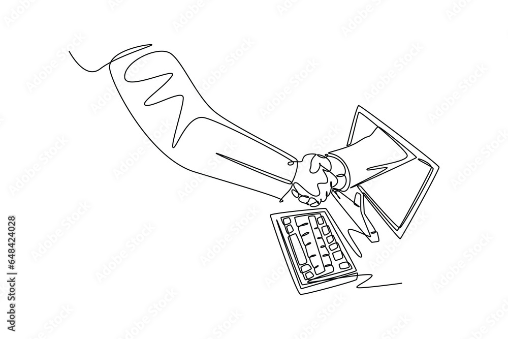 Poster continuous one line drawing business men shaking hand to deal a project. hand come out from computer